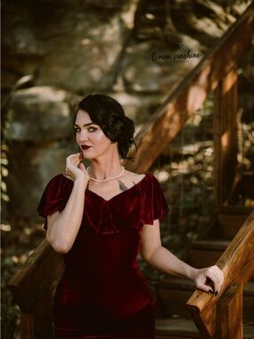 Unique Vintage Wine Velvet Ruffle Midi Dress
